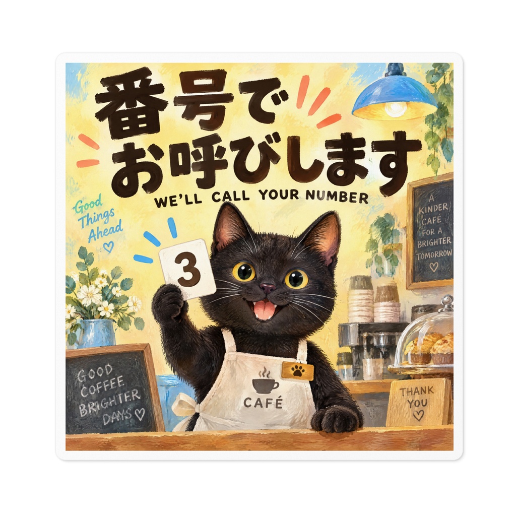 【黒猫 SIGNATURE】番号でお呼びします(WE'LL CALL YOUR NUMBER) 受取口・テイクアウト用ステッカー