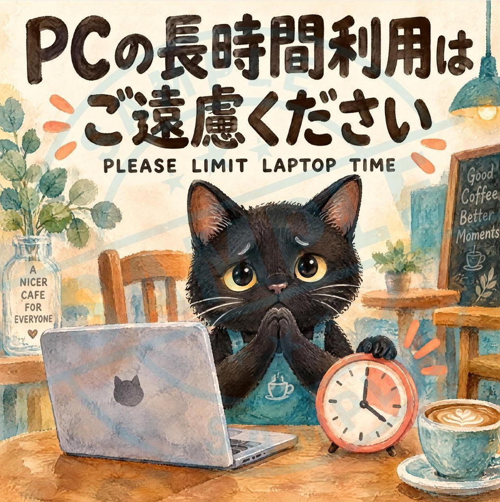 【黒猫 SIGNATURE】PCの長時間利用はご遠慮ください カフェ・卓上マナーステッカー