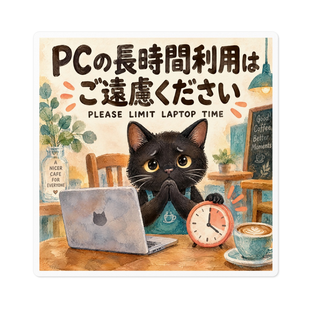【黒猫 SIGNATURE】PCの長時間利用はご遠慮ください カフェ・卓上マナーステッカー