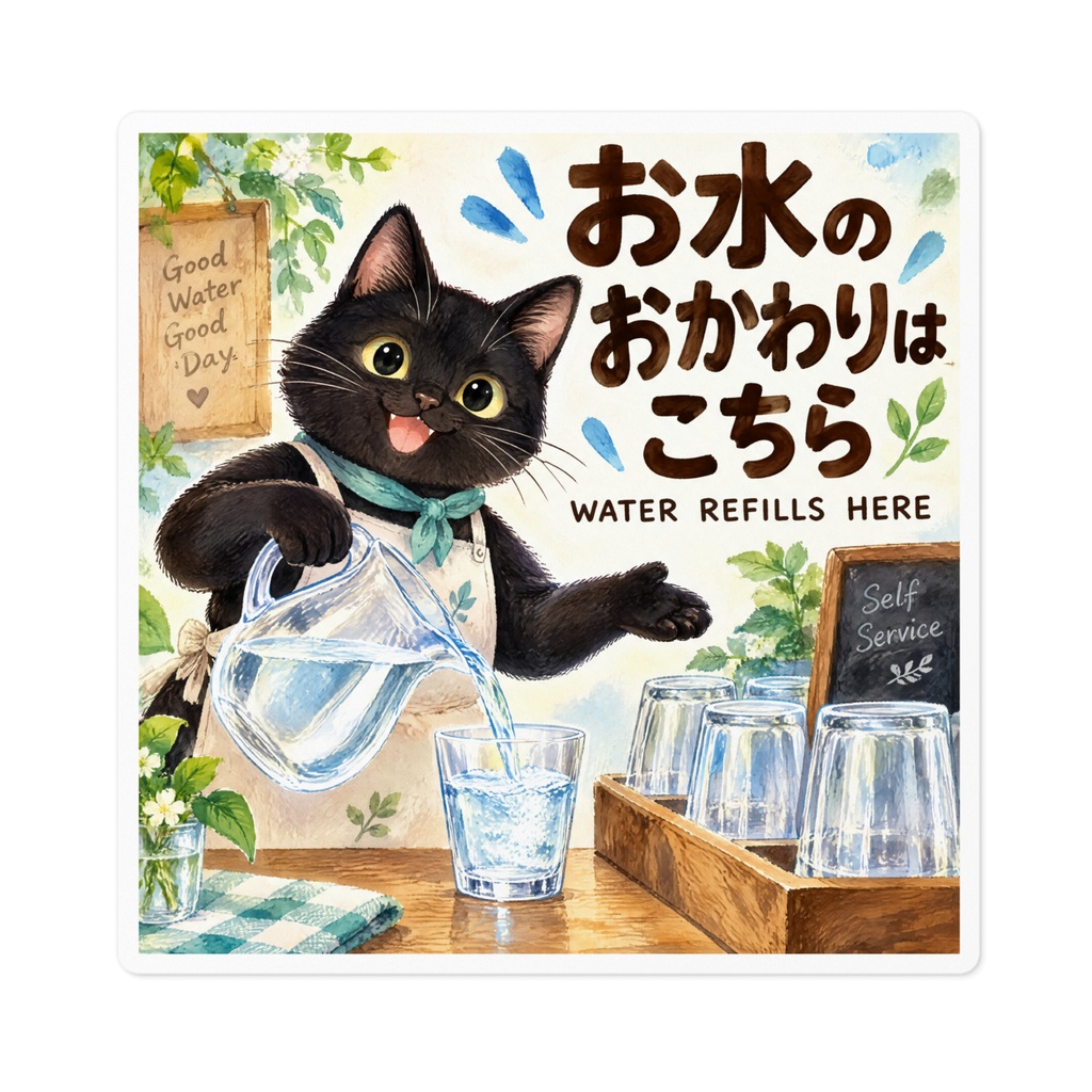 【黒猫 SIGNATURE】お水のおかわりはこちら(WATER REFILLS HERE) カフェ・セルフ給水ステッカー