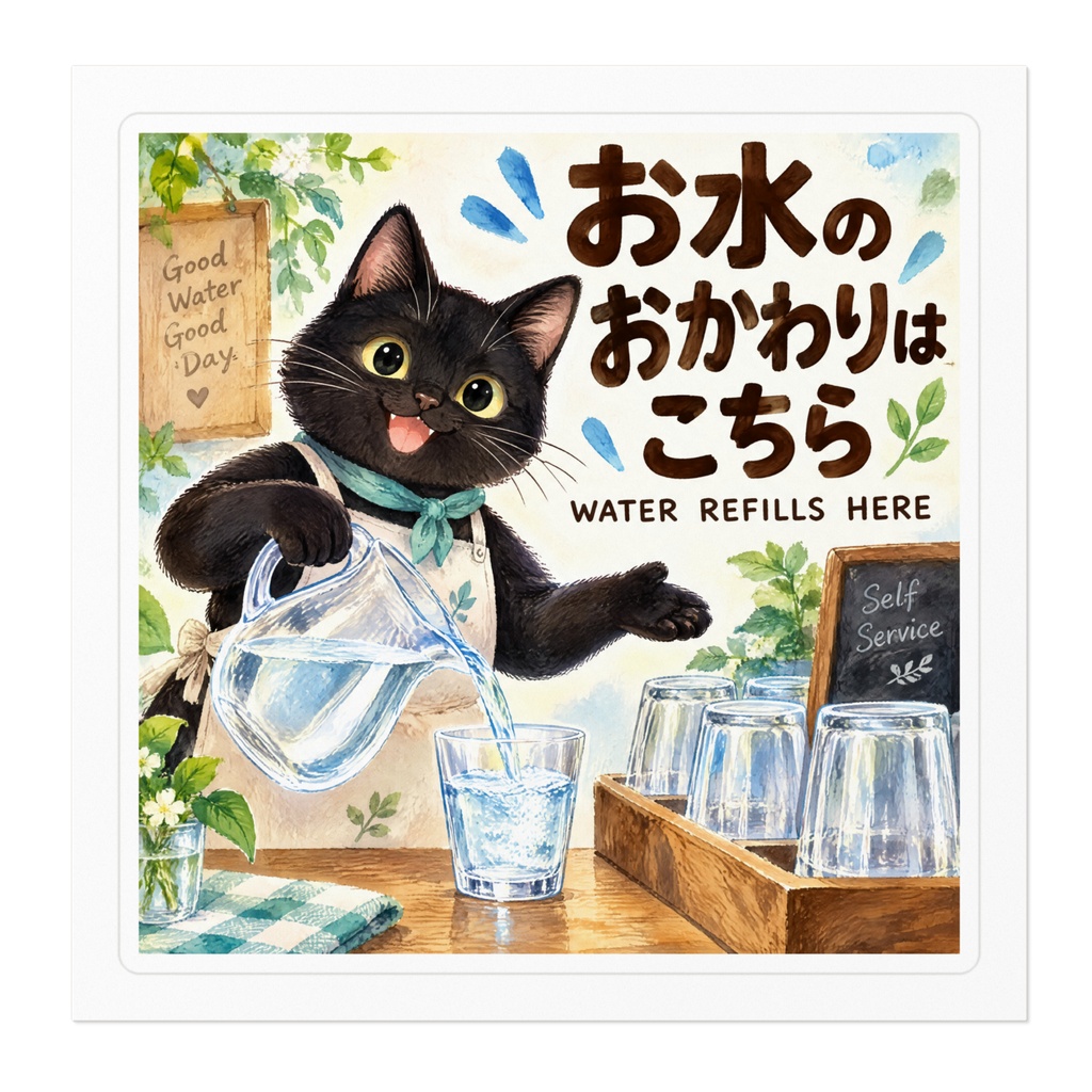【黒猫 SIGNATURE】お水のおかわりはこちら(WATER REFILLS HERE) カフェ・セルフ給水ステッカー