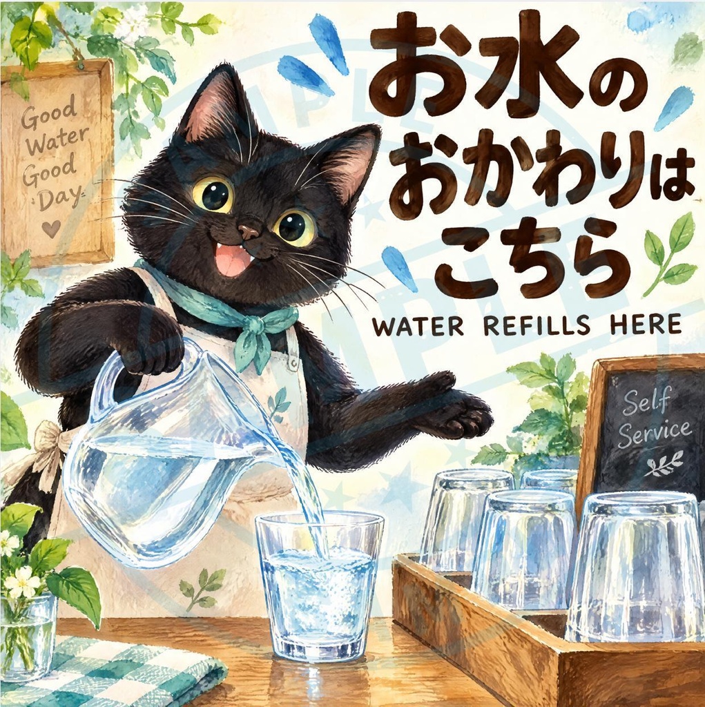 【黒猫 SIGNATURE】お水のおかわりはこちら（WATER REFILLS HERE） カフェ・セルフ給水ステッカー