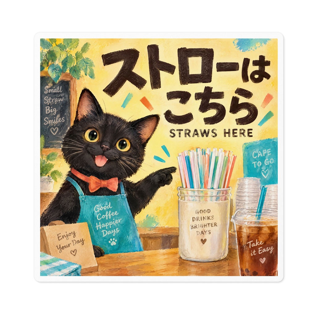 【黒猫 SIGNATURE】ストローはこちら(STRAWS HERE) カフェ・テイクアウト用案内ステッカー