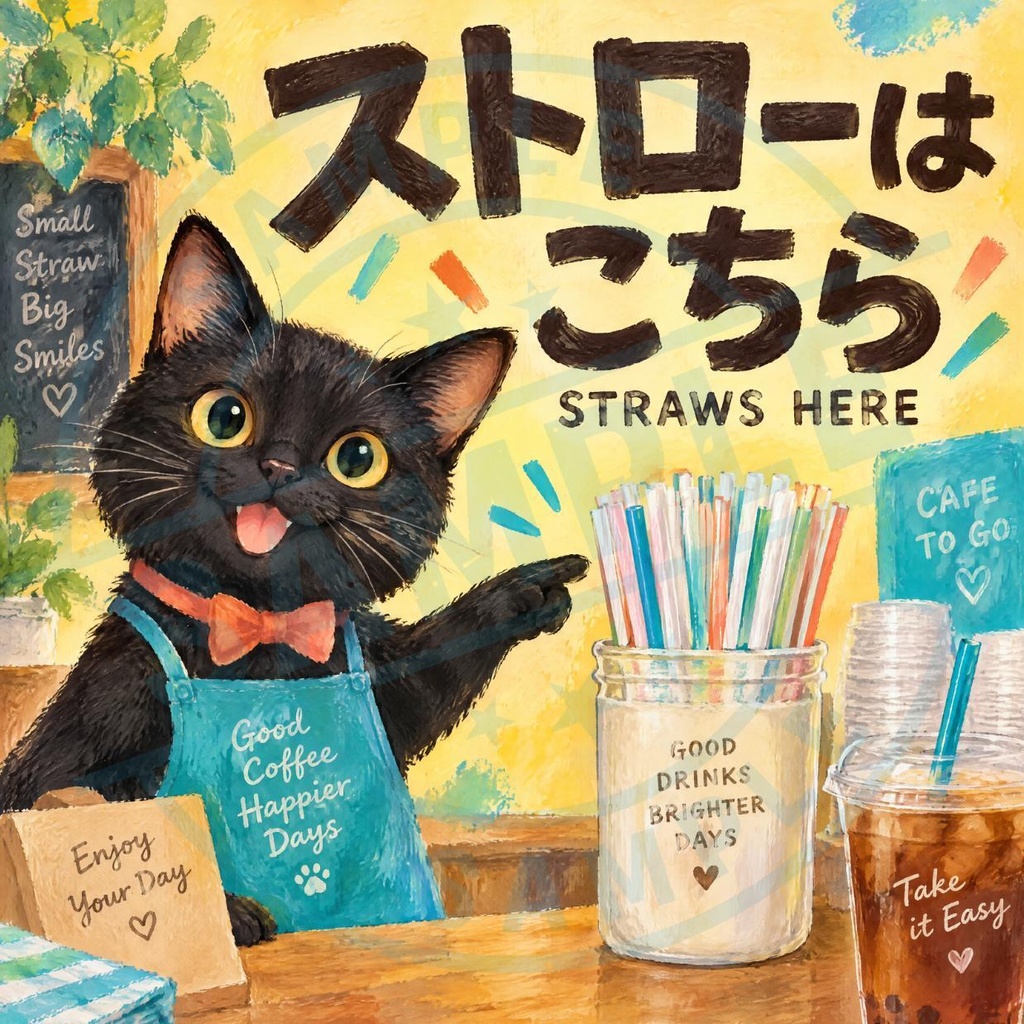 【黒猫 SIGNATURE】ストローはこちら（STRAWS HERE） カフェ・テイクアウト用案内ステッカー