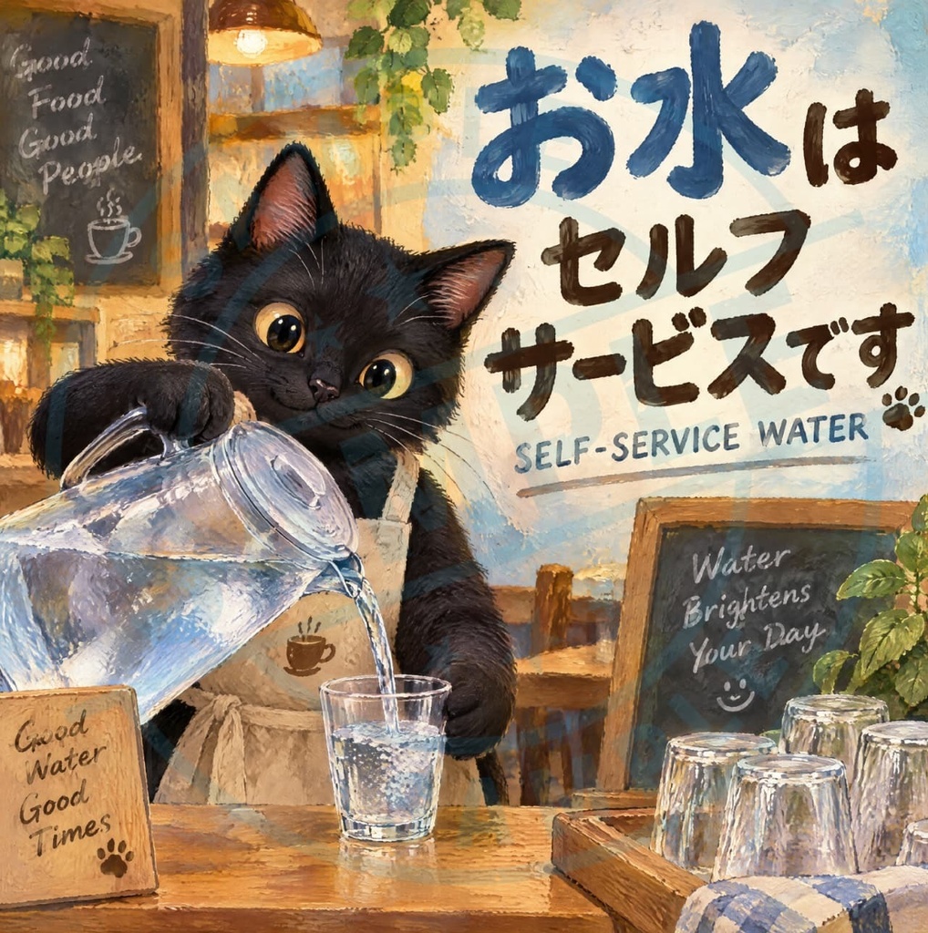 【黒猫 SIGNATURE】お水はセルフサービスです（SELF-SERVICE WATER） カフェ・給水用案内ステッカー