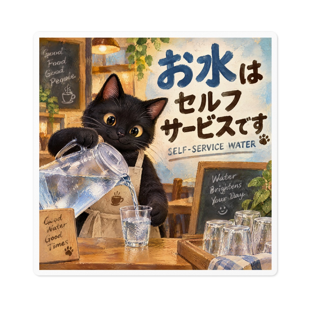 【黒猫 SIGNATURE】お水はセルフサービスです(SELF-SERVICE WATER) カフェ・給水用案内ステッカー