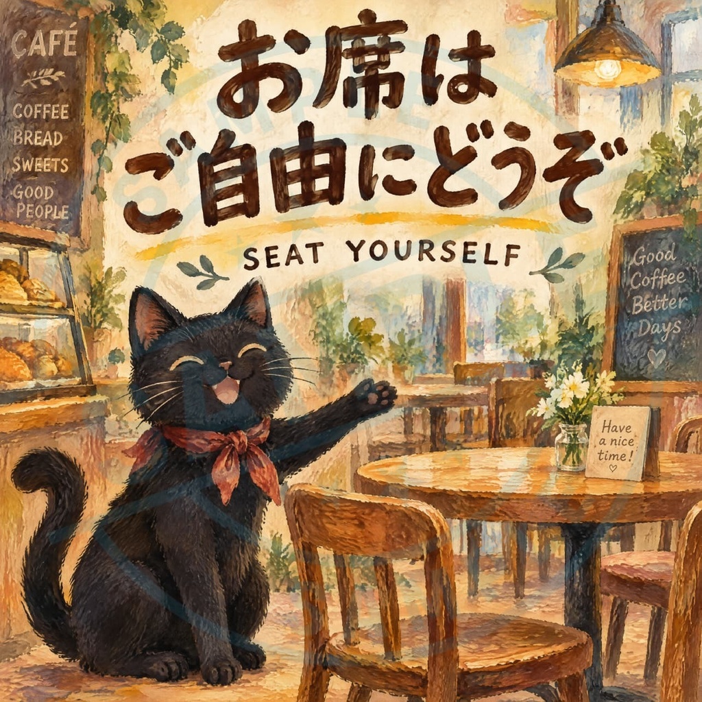 【黒猫 SIGNATURE】お席はご自由にどうぞ（SEAT YOURSELF） カフェ・自由席用案内ステッカー
