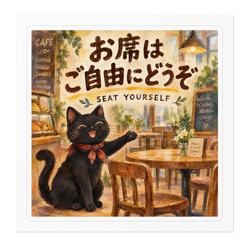 【黒猫 SIGNATURE】お席はご自由にどうぞ(SEAT YOURSELF) カフェ・自由席用案内ステッカー