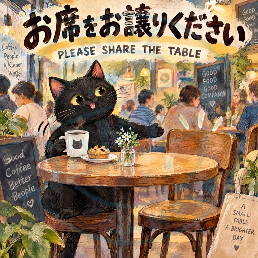 【黒猫 SIGNATURE】お席をお譲りください（PLEASE SHARE THE TABLE） 混雑時・相席用マナーステッカー