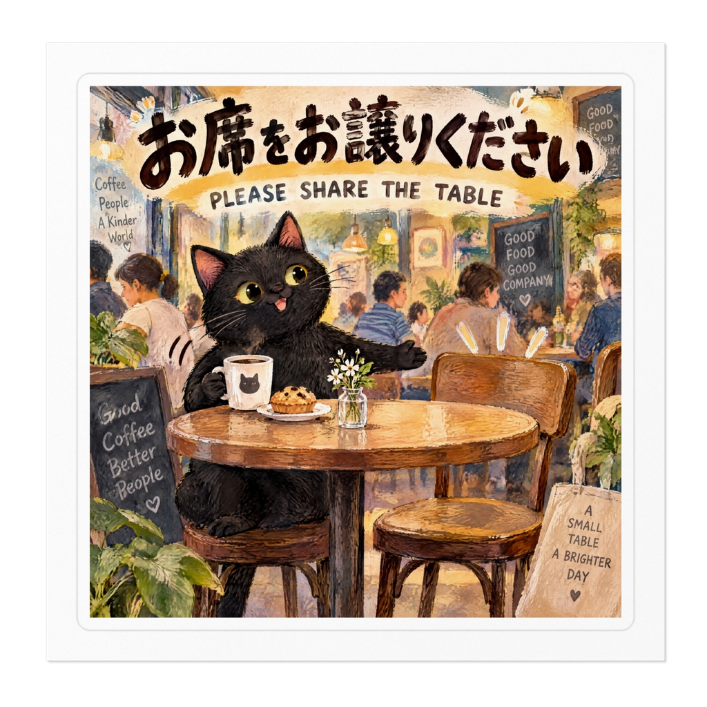【黒猫 SIGNATURE】お席をお譲りください(PLEASE SHARE THE TABLE) 混雑時・相席用マナーステッカー
