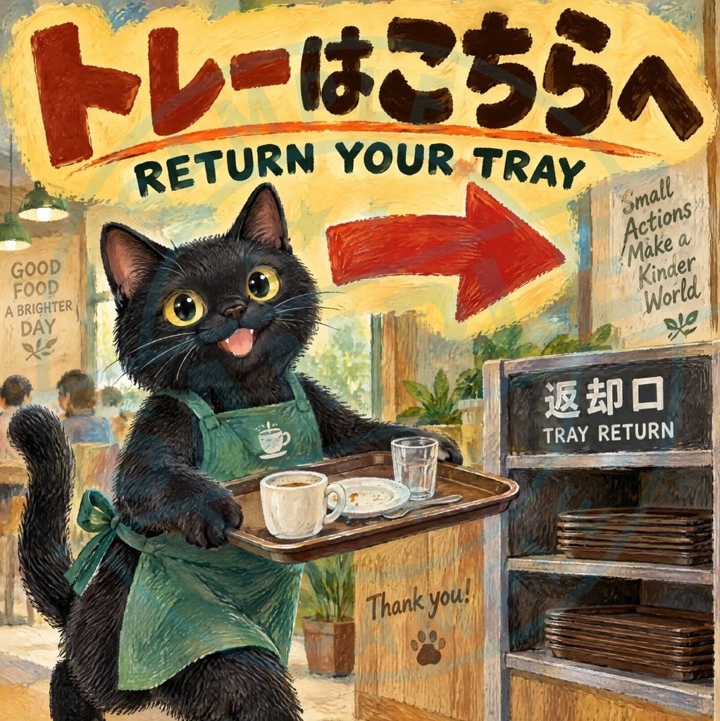 【黒猫 SIGNATURE】トレーはこちらへ(RETURN YOUR TRAY) 返却口・下膳用案内ステッカー