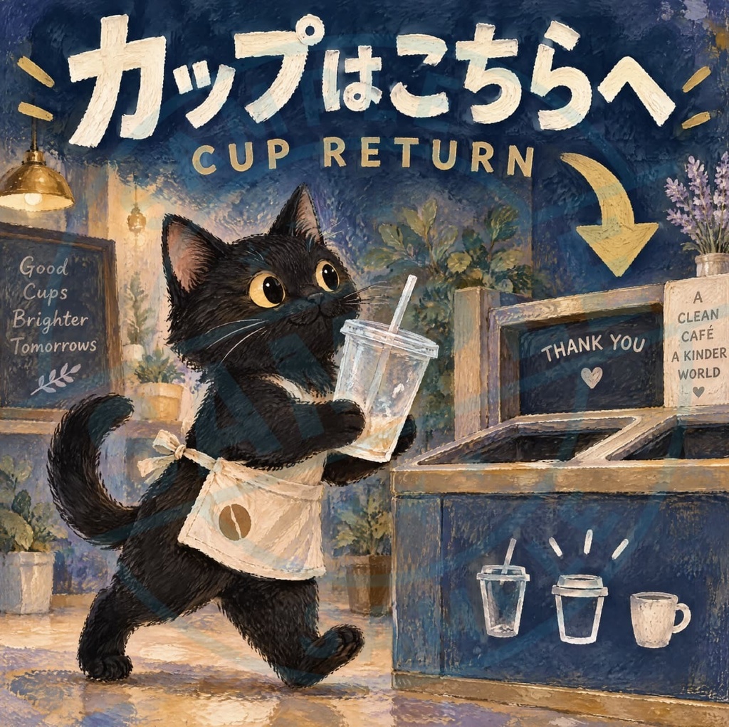 【黒猫 SIGNATURE】カップはこちらへ（CUP RETURN） カフェ・回収ボックス用案内ステッカー