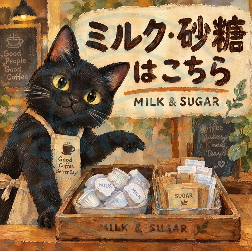 【黒猫 SIGNATURE】ミルク・砂糖はこちら（MILK & SUGAR） カフェ・セルフ用案内ステッカー
