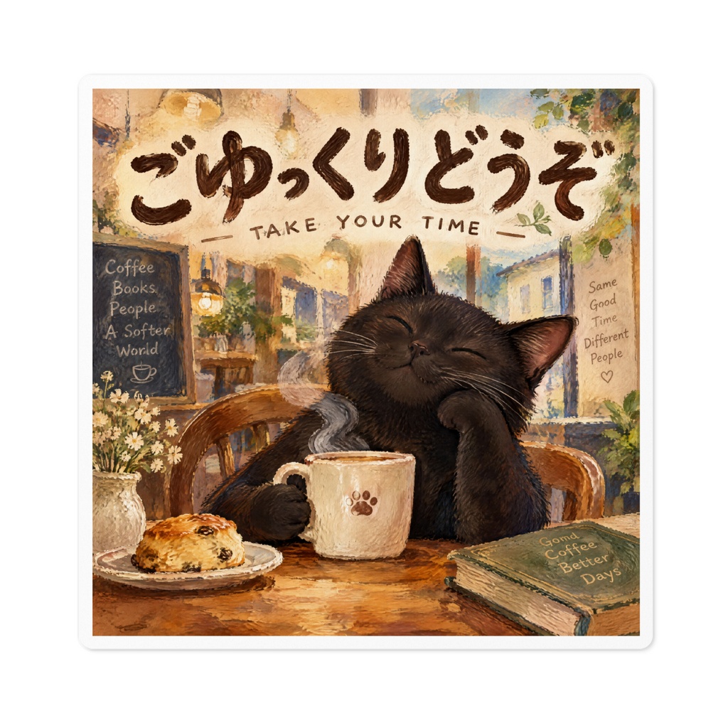 【黒猫 SIGNATURE】ごゆっくりどうぞ(TAKE YOUR TIME) カフェ・客席用癒しステッカー