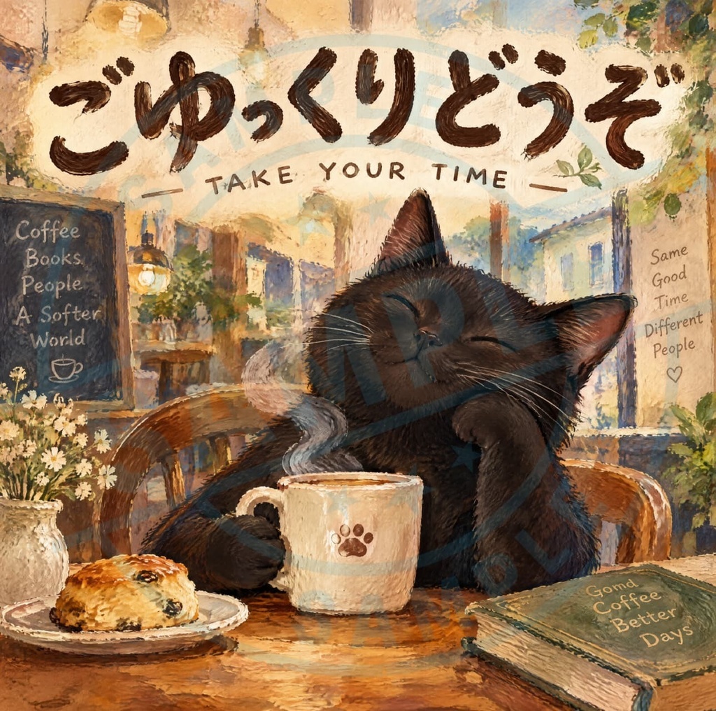 【黒猫 SIGNATURE】ごゆっくりどうぞ（TAKE YOUR TIME） カフェ・客席用癒しステッカー