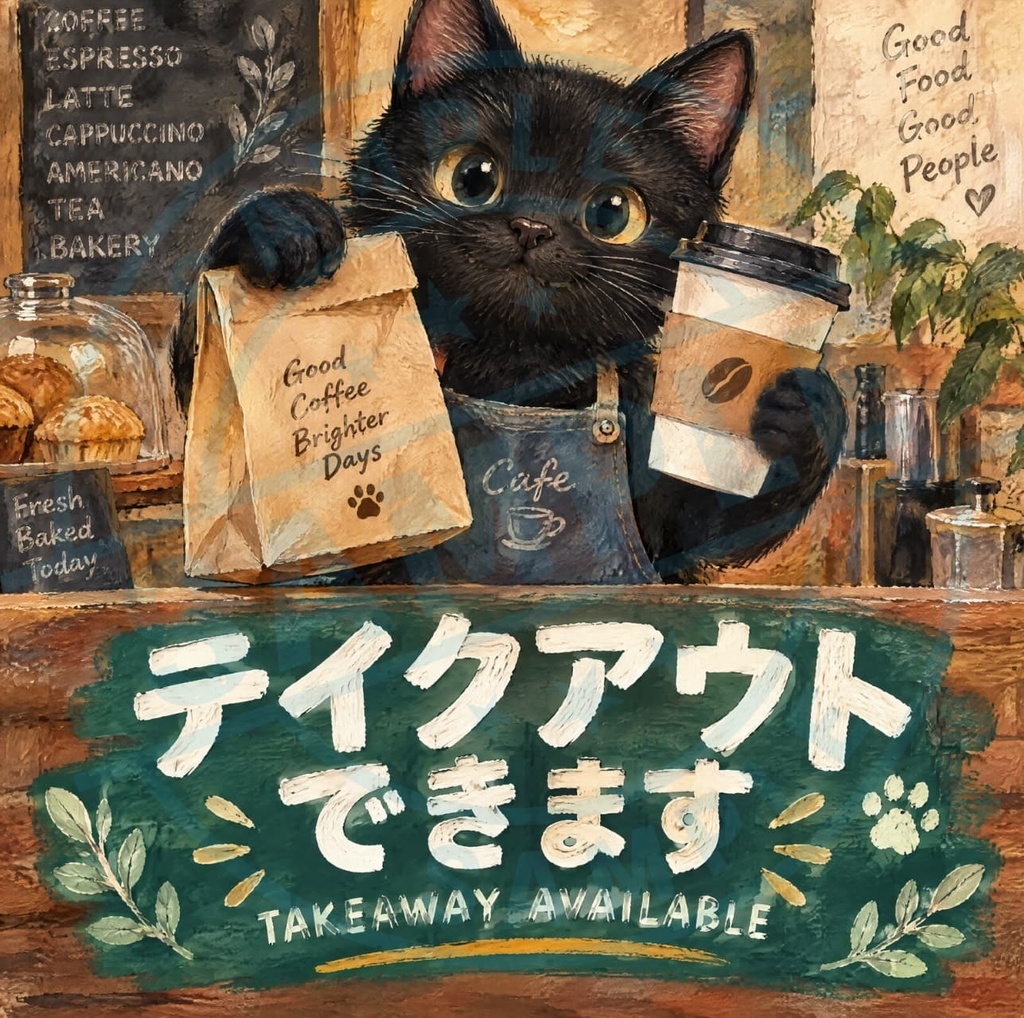 【黒猫 SIGNATURE】テイクアウトできます（TAKEAWAY AVAILABLE） カフェ・お持ち帰り用ステッカー