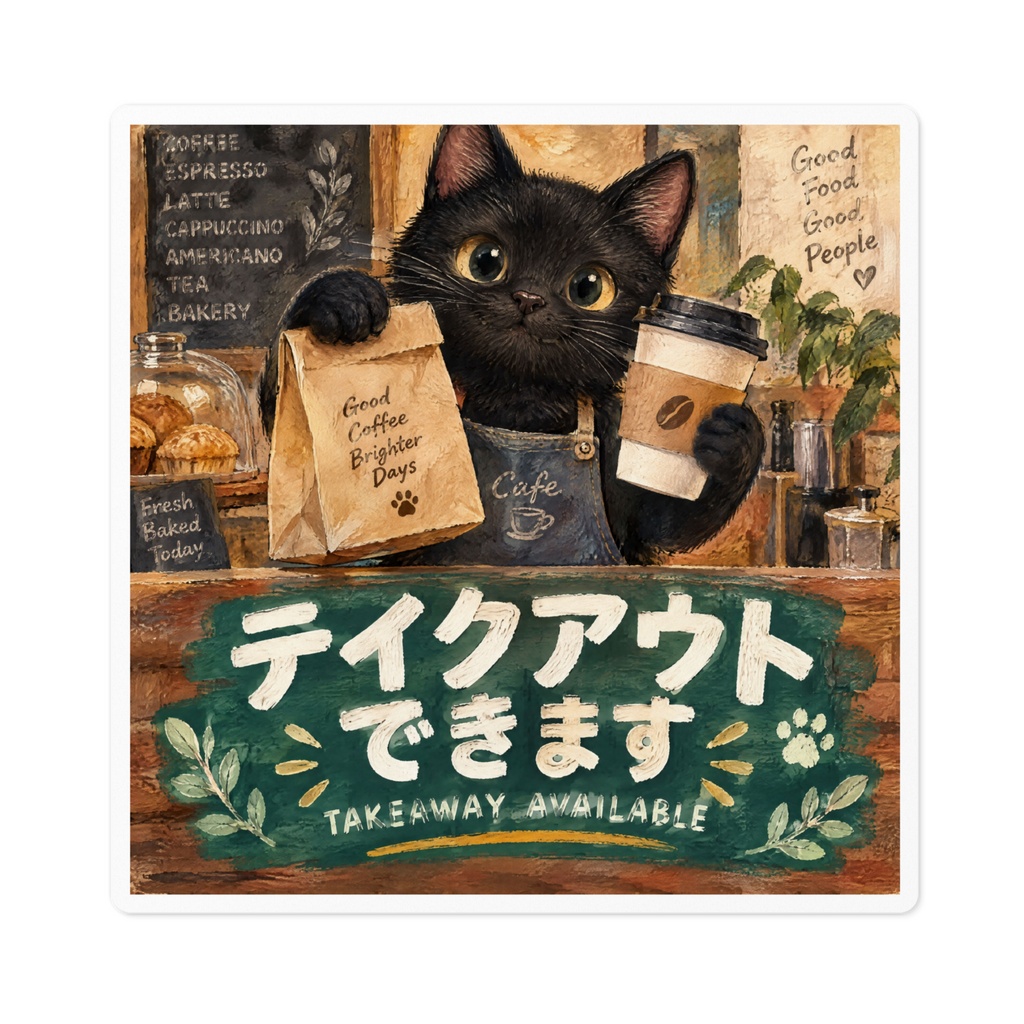 【黒猫 SIGNATURE】テイクアウトできます(TAKEAWAY AVAILABLE) カフェ・お持ち帰り用ステッカー