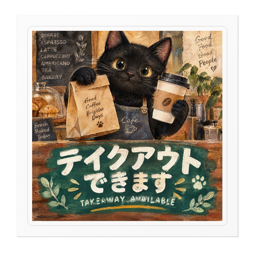 【黒猫 SIGNATURE】テイクアウトできます(TAKEAWAY AVAILABLE) カフェ・お持ち帰り用ステッカー