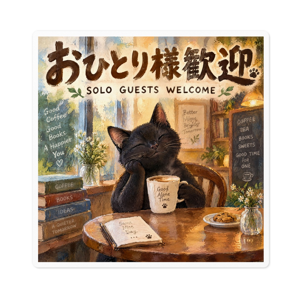 【黒猫 SIGNATURE】おひとり様歓迎(SOLO GUESTS WELCOME) カフェ・店舗用案内ステッカー