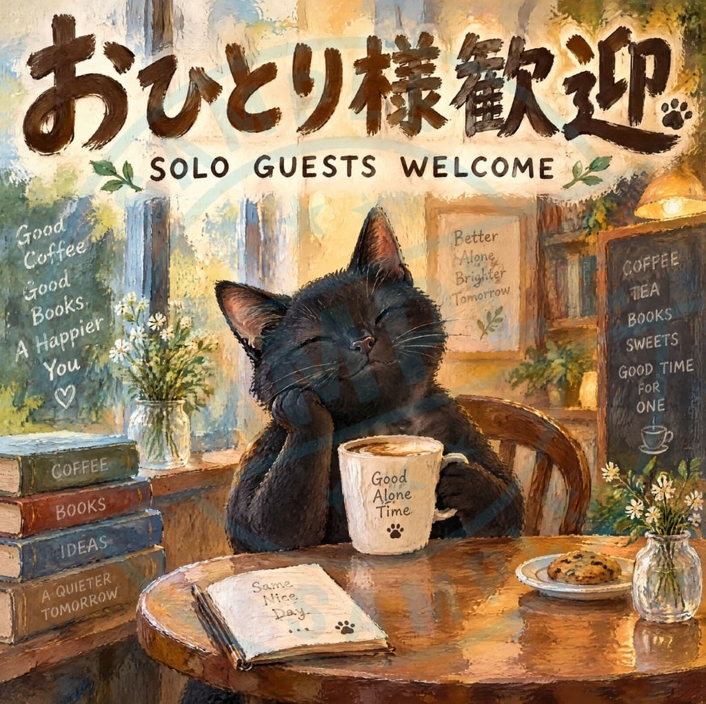 【黒猫 SIGNATURE】おひとり様歓迎（SOLO GUESTS WELCOME） カフェ・店舗用案内ステッカー