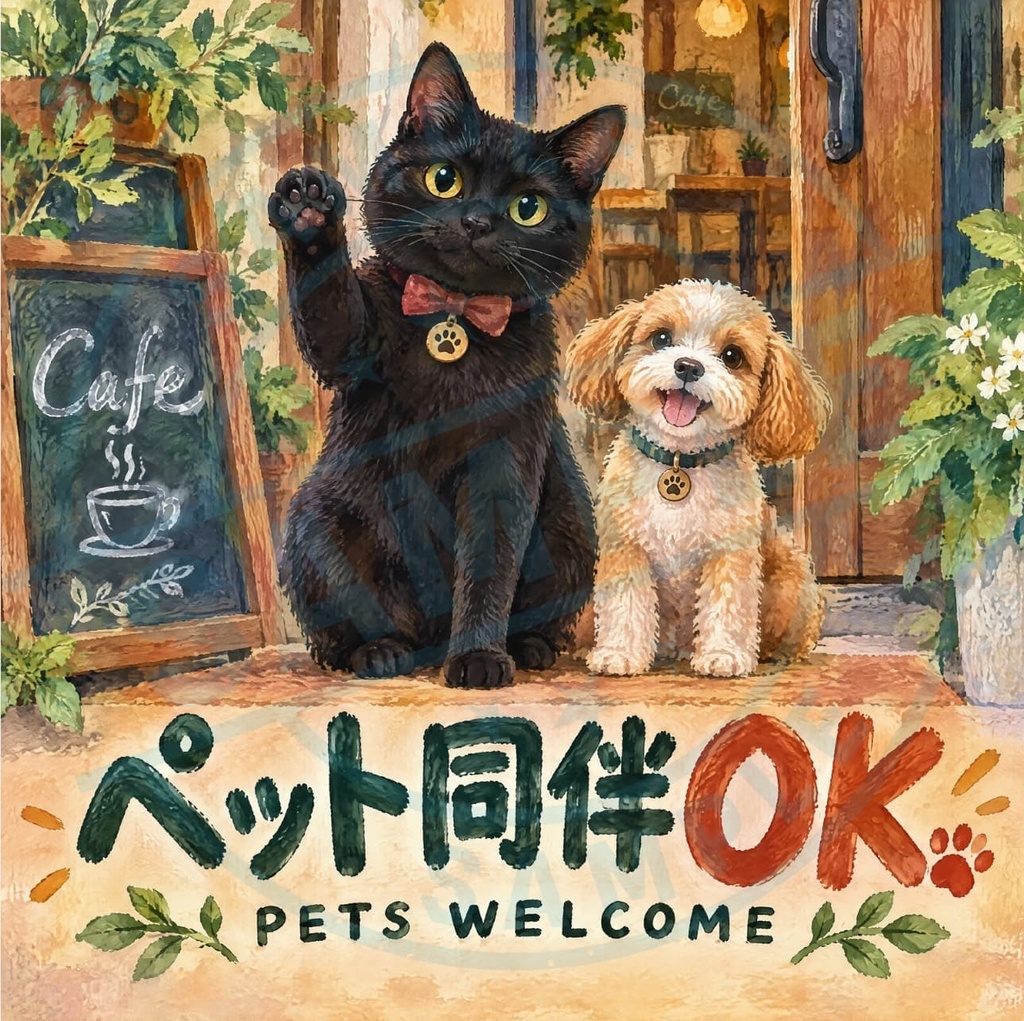 【黒猫 SIGNATURE】ペット同伴OK！（PETS WELCOME） カフェ店頭・エントランス用ステッカー
