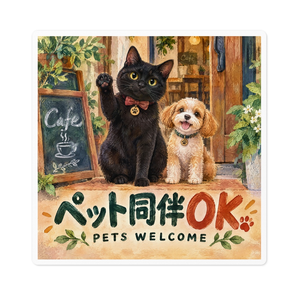 【黒猫 SIGNATURE】ペット同伴OK!(PETS WELCOME) カフェ店頭・エントランス用ステッカー