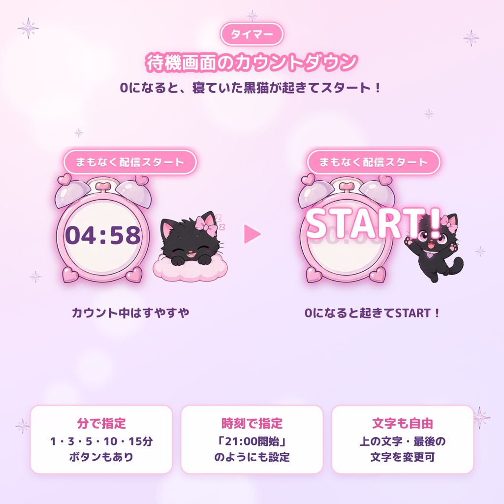 【OBS対応】ゆめかわ配信おたすけBOX通常版|黒猫の演出ツール5点セット|トークテーマ・ルーレット・お便り・目標ゲージ・タイマー