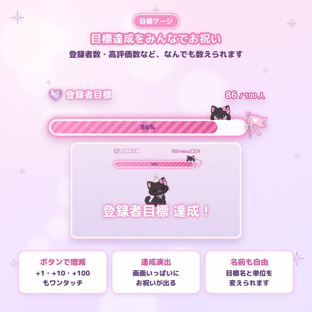 【OBS対応】ゆめかわ配信おたすけBOX通常版|黒猫の演出ツール5点セット|トークテーマ・ルーレット・お便り・目標ゲージ・タイマー
