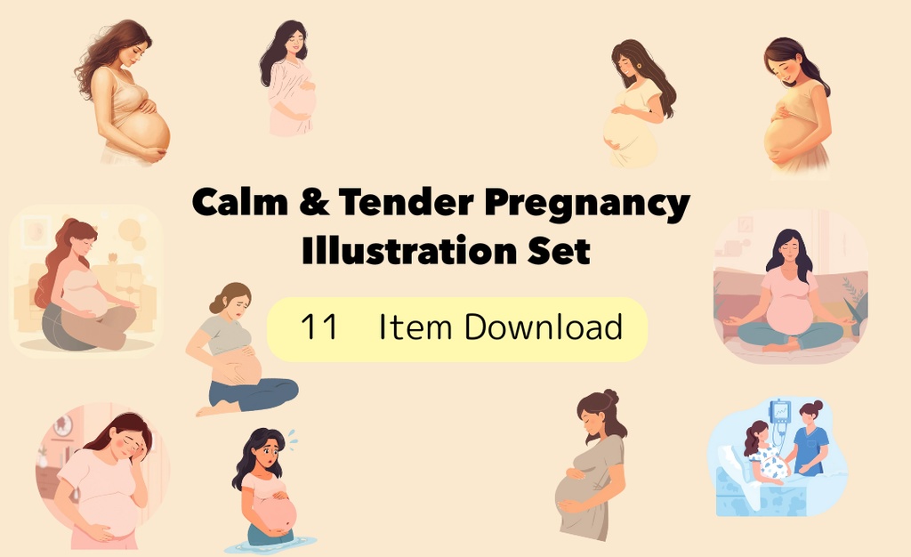 「やさしいマタニティイラストセット|陣痛・破水・お腹の張りなど症状別フラットベクター」