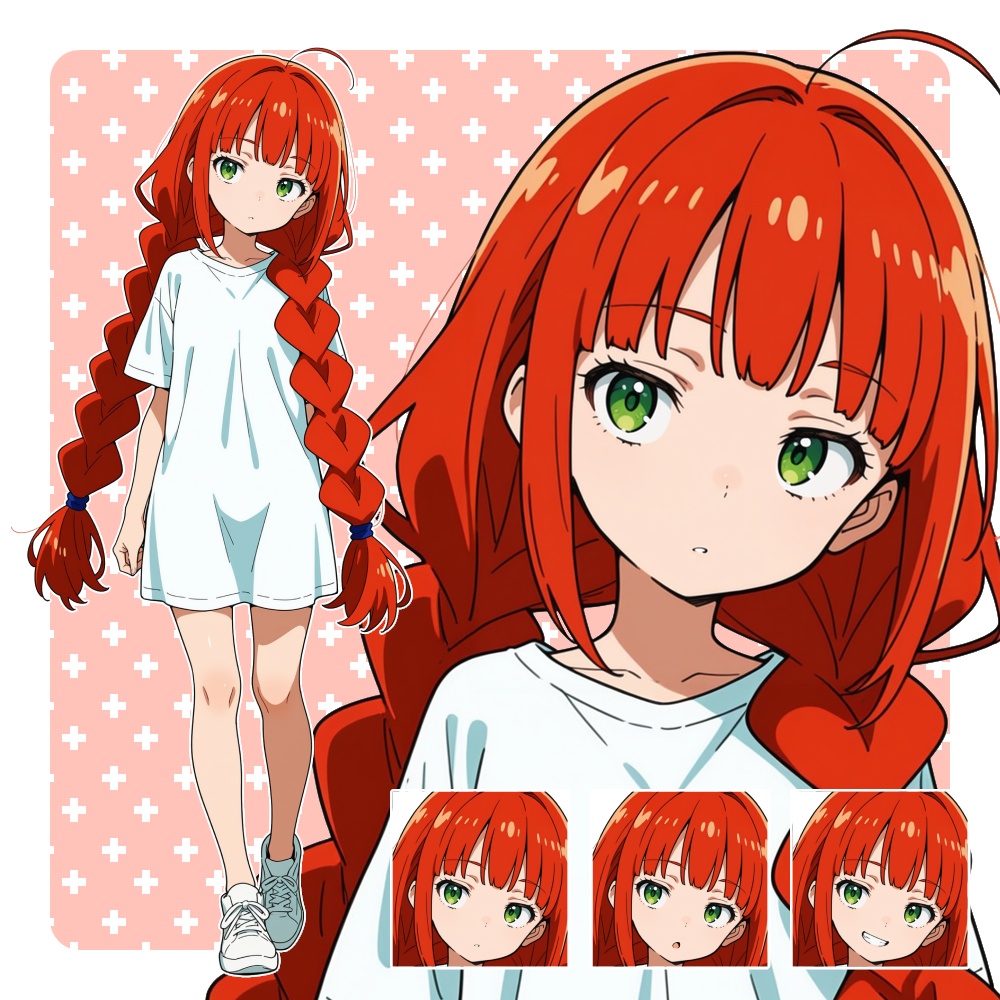 立ち絵素材7 赤い髪のTシャツ少女 表情差分あり