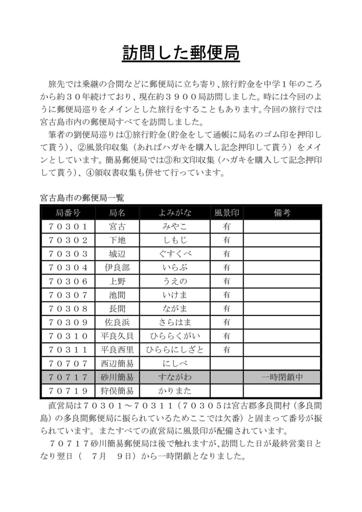 貯行旅金 郵便局巡りがメインの旅行の記録 令和7年7月7日に局番号70707の郵便局に行くために宮古島まで 行ってきた
