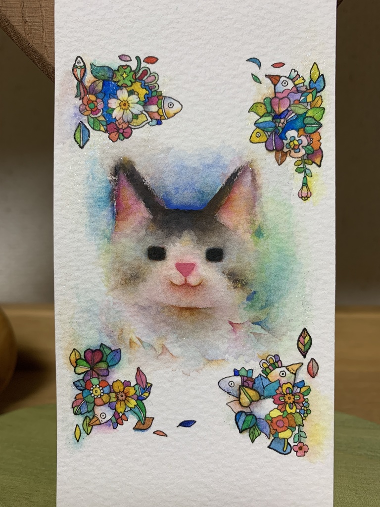 猫の絵　自作アナログアート作品　オリジナル手描きイラスト原画　ハンドメイド一点物