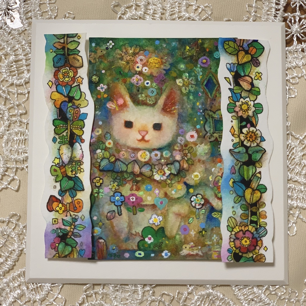 ミニ原画　猫とお花の切れ端