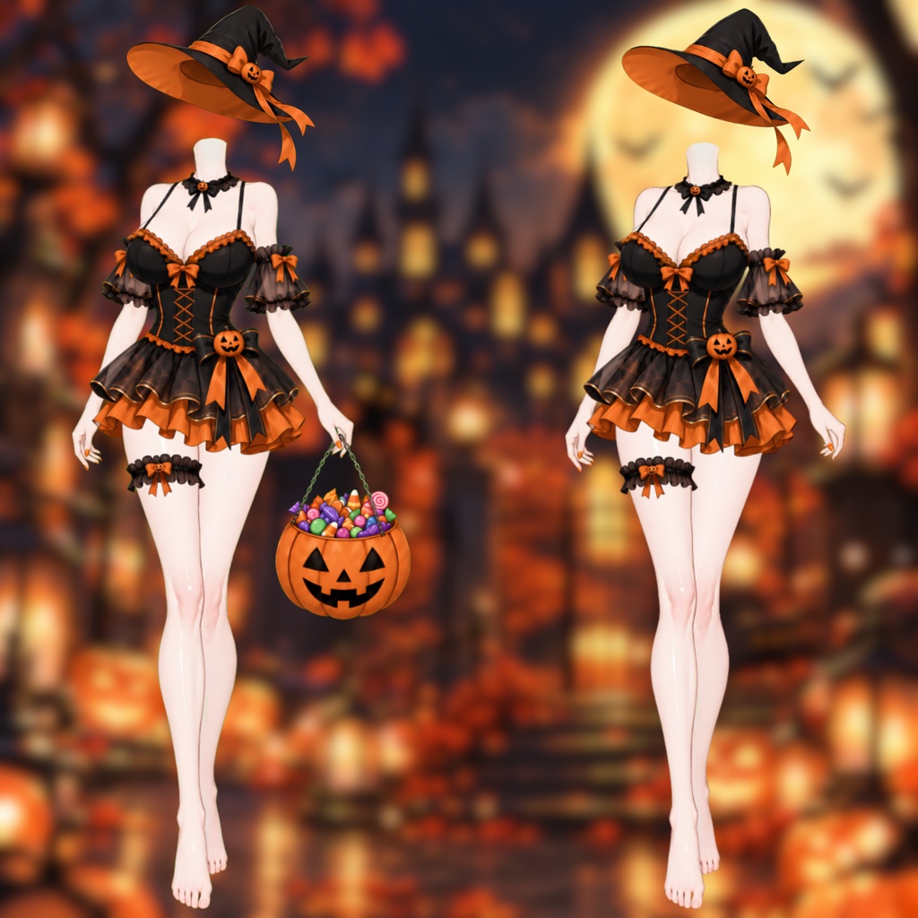 〖Live2D量販衣装・頭部なし〗ハロウィン魔女ドレス&帽子セット|VTS対応・着せ替え衣装|Halloween Witch VTuber Outfit