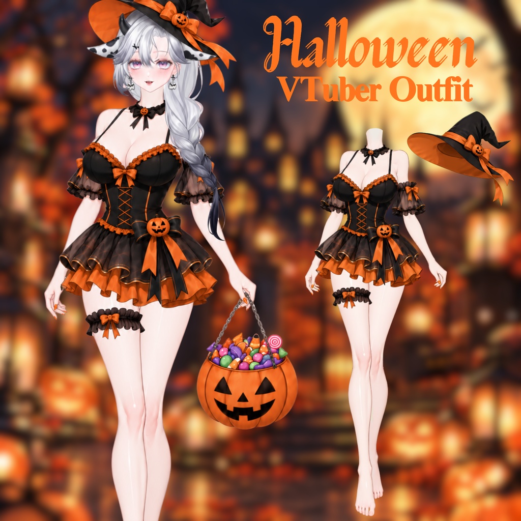 〖Live2D量販衣装・頭部なし〗ハロウィン魔女ドレス＆帽子セット｜VTS対応・着せ替え衣装｜Halloween Witch VTuber Outfit