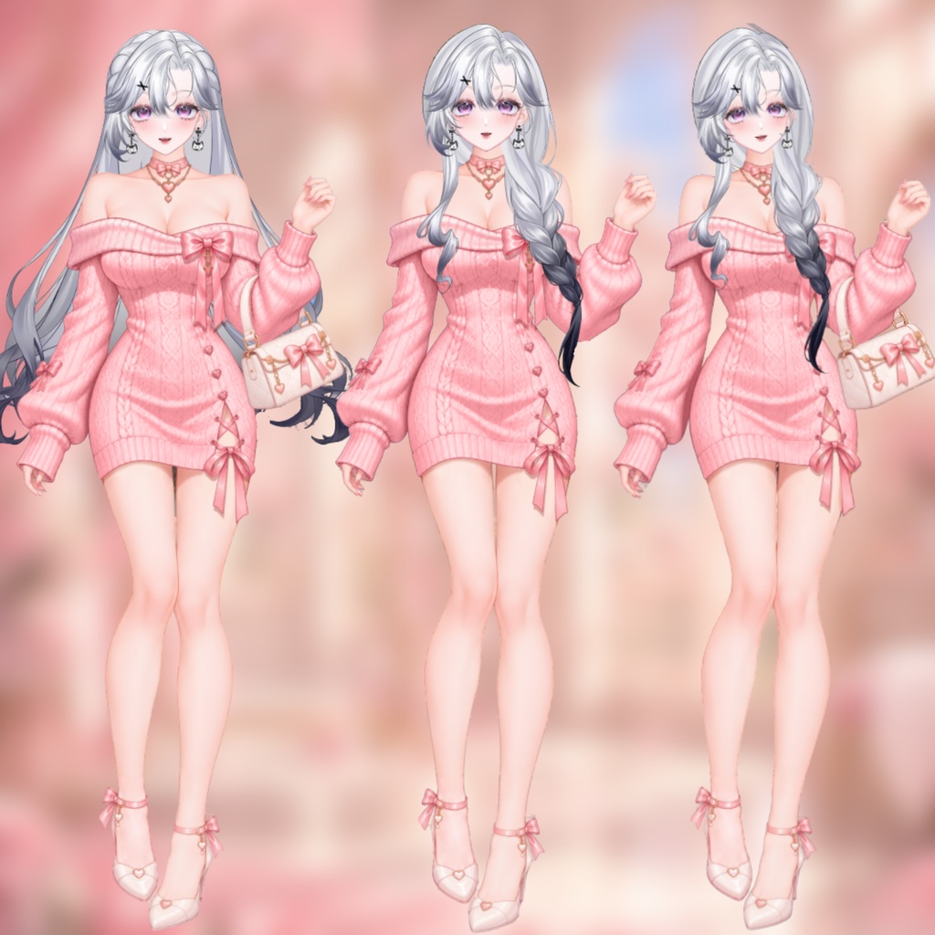 【Live2D衣装】ピンクニットワンピース・オフショルダーリボン衣装 | Pink Sweater Dress | VTuber Outfit