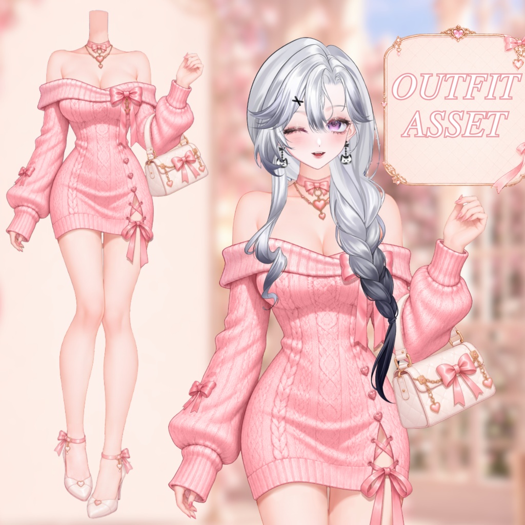 【Live2D衣装】ピンクニットワンピース・オフショルダーリボン衣装 | Pink Sweater Dress | VTuber Outfit