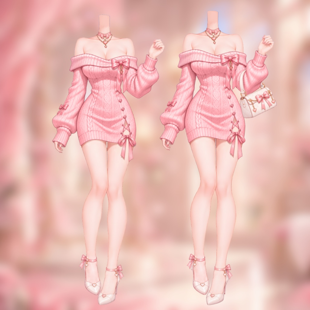 【Live2D衣装】ピンクニットワンピース・オフショルダーリボン衣装 | Pink Sweater Dress | VTuber Outfit