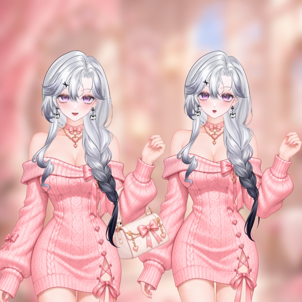 【Live2D衣装】ピンクニットワンピース・オフショルダーリボン衣装 | Pink Sweater Dress | VTuber Outfit