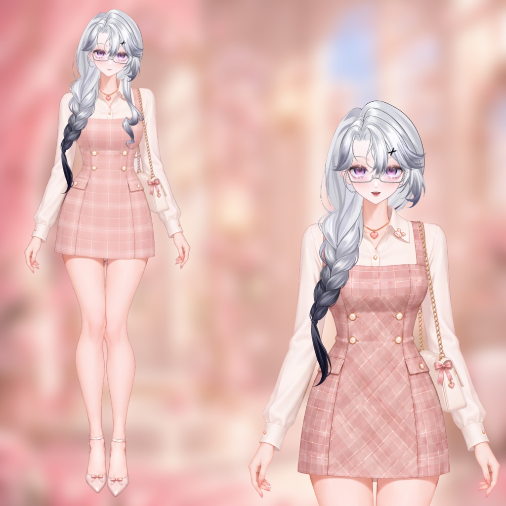 【Live2D衣装】ピンクチェック柄プリーツワンピース・ブラウスセット | Pink Plaid Pleated Dress | VTuber Outfit
