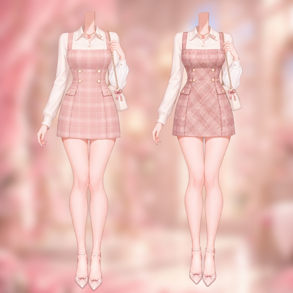 【Live2D衣装】ピンクチェック柄プリーツワンピース・ブラウスセット | Pink Plaid Pleated Dress | VTuber Outfit