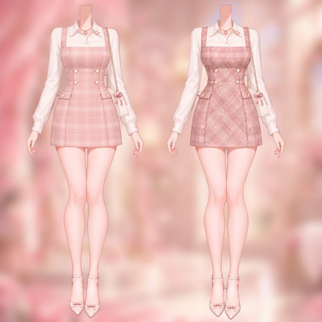 【Live2D衣装】ピンクチェック柄プリーツワンピース・ブラウスセット | Pink Plaid Pleated Dress | VTuber Outfit