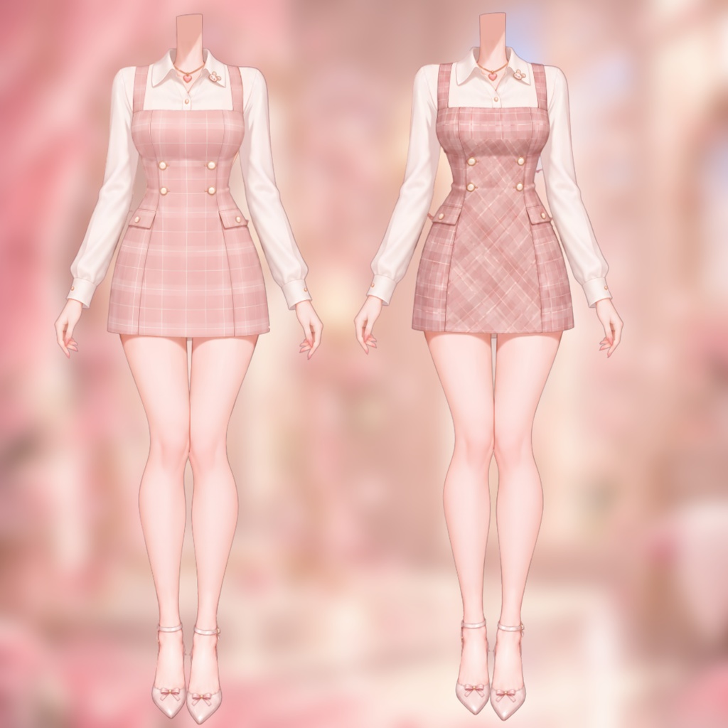 【Live2D衣装】ピンクチェック柄プリーツワンピース・ブラウスセット | Pink Plaid Pleated Dress | VTuber Outfit
