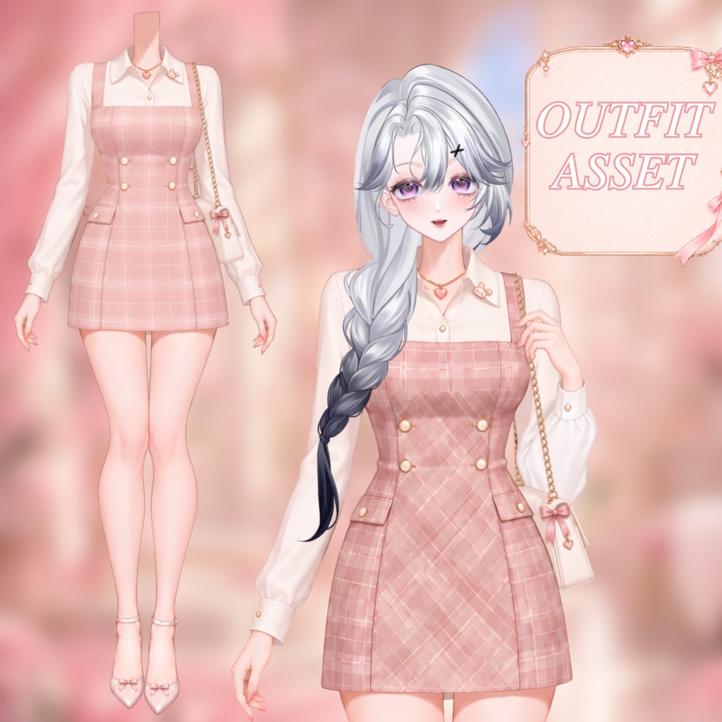 【Live2D衣装】ピンクチェック柄プリーツワンピース・ブラウスセット | Pink Plaid Pleated Dress | VTuber Outfit
