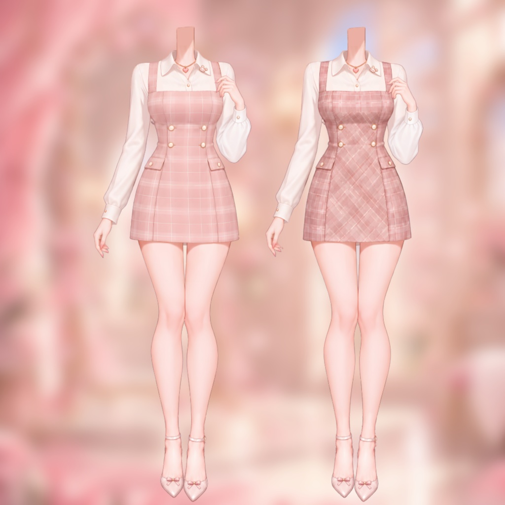 【Live2D衣装】ピンクチェック柄プリーツワンピース・ブラウスセット | Pink Plaid Pleated Dress | VTuber Outfit