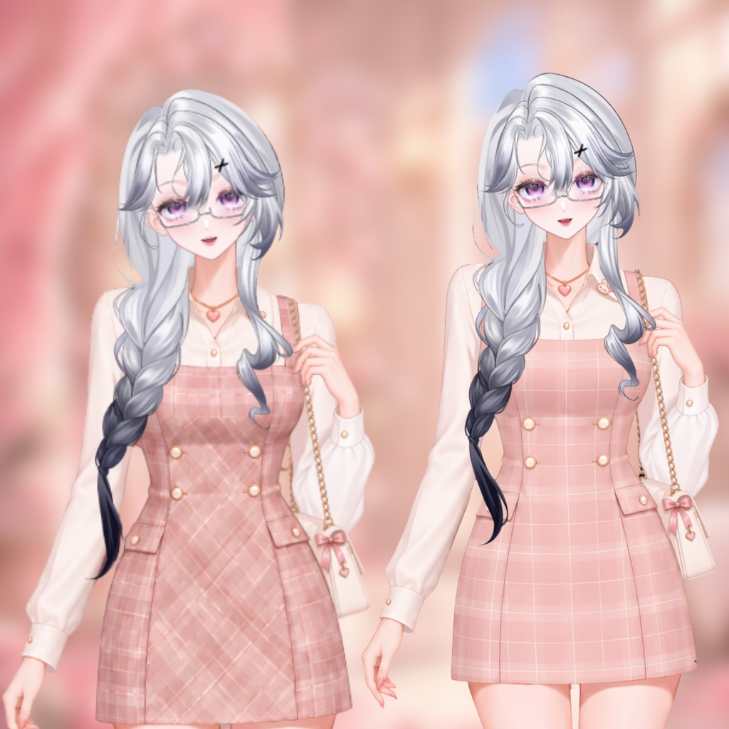 【Live2D衣装】ピンクチェック柄プリーツワンピース・ブラウスセット | Pink Plaid Pleated Dress | VTuber Outfit