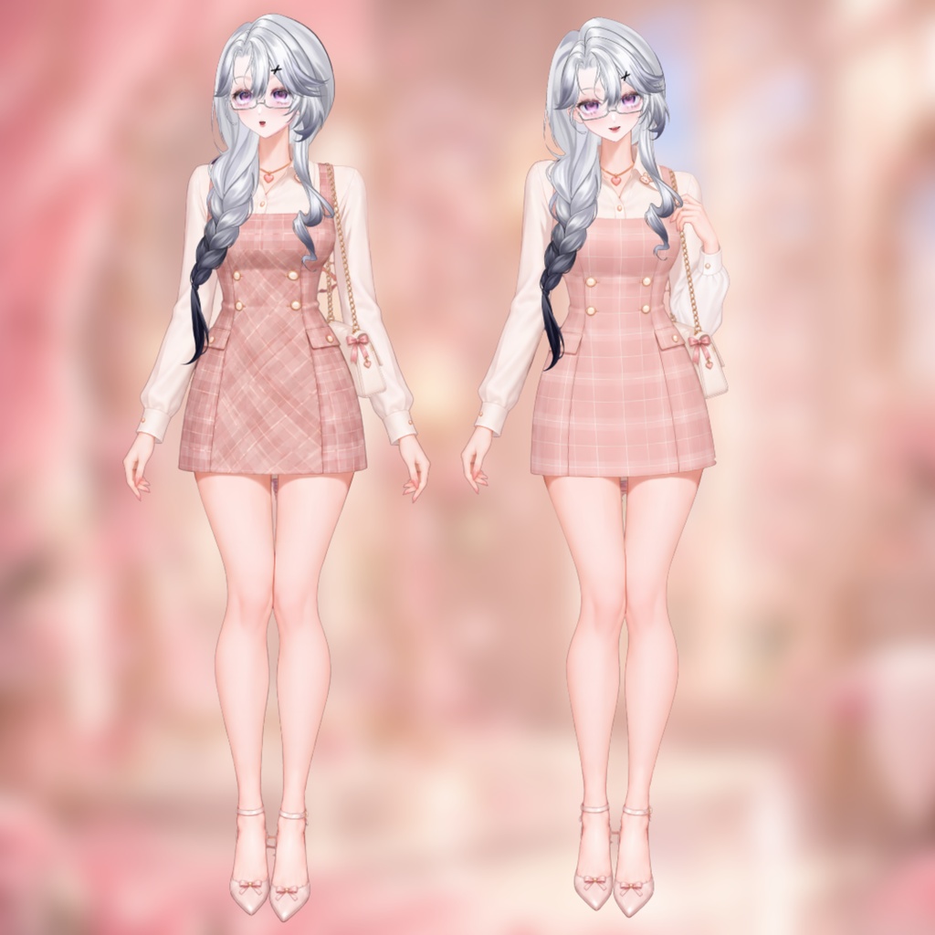 【Live2D衣装】ピンクチェック柄プリーツワンピース・ブラウスセット | Pink Plaid Pleated Dress | VTuber Outfit