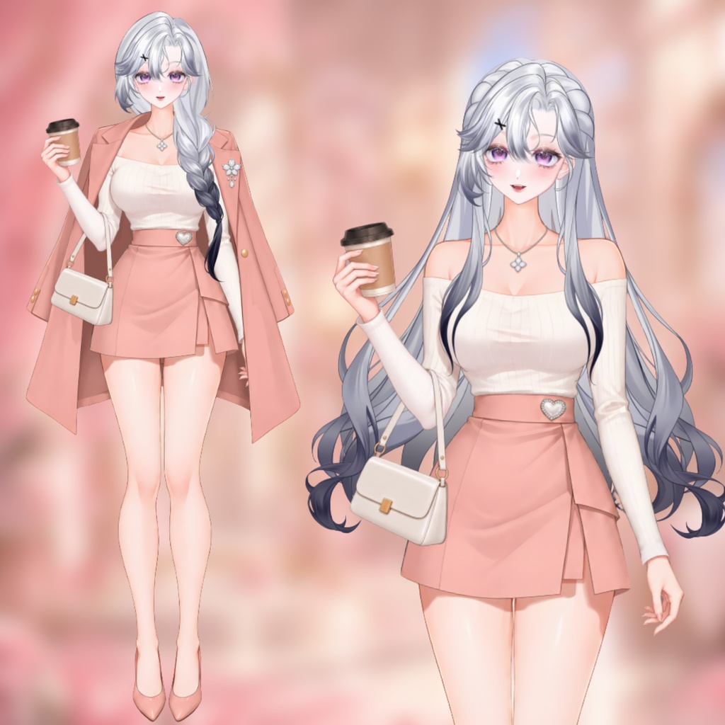 【Live2D衣装】Rosé Coffee Date | ピンクコート・ミニスカート・コーヒー小物切替 | VTuber Outfit