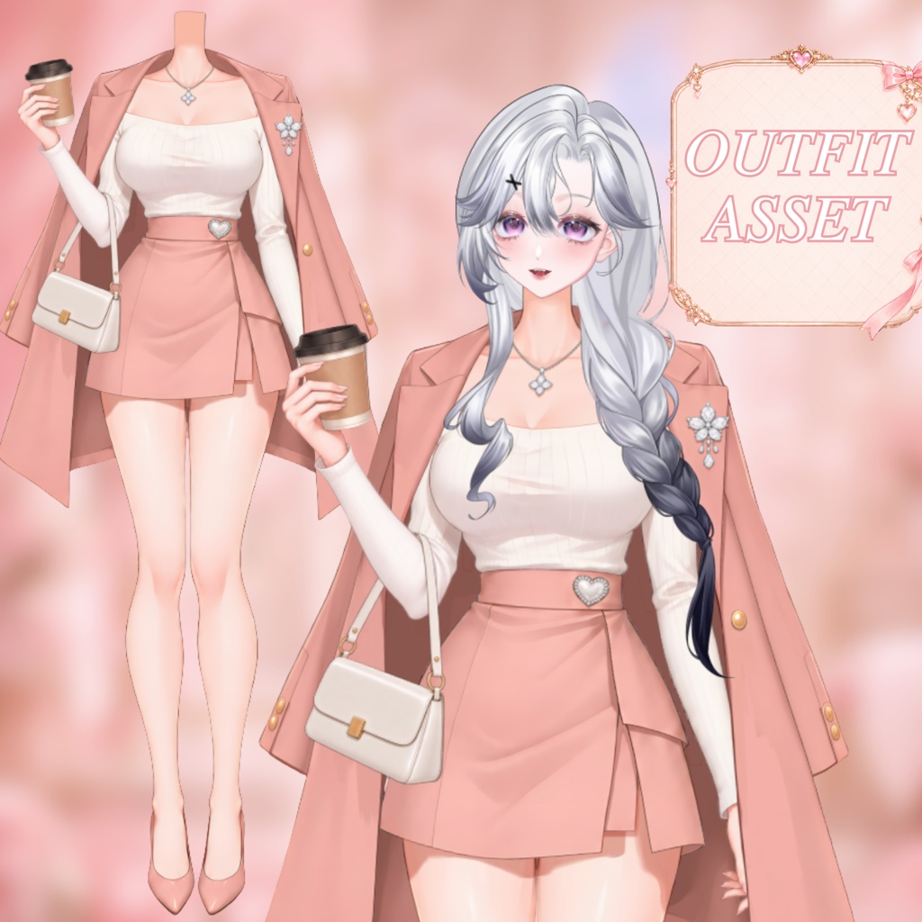 【Live2D衣装】Rosé Coffee Date | ピンクコート・ミニスカート・コーヒー小物切替 | VTuber Outfit
