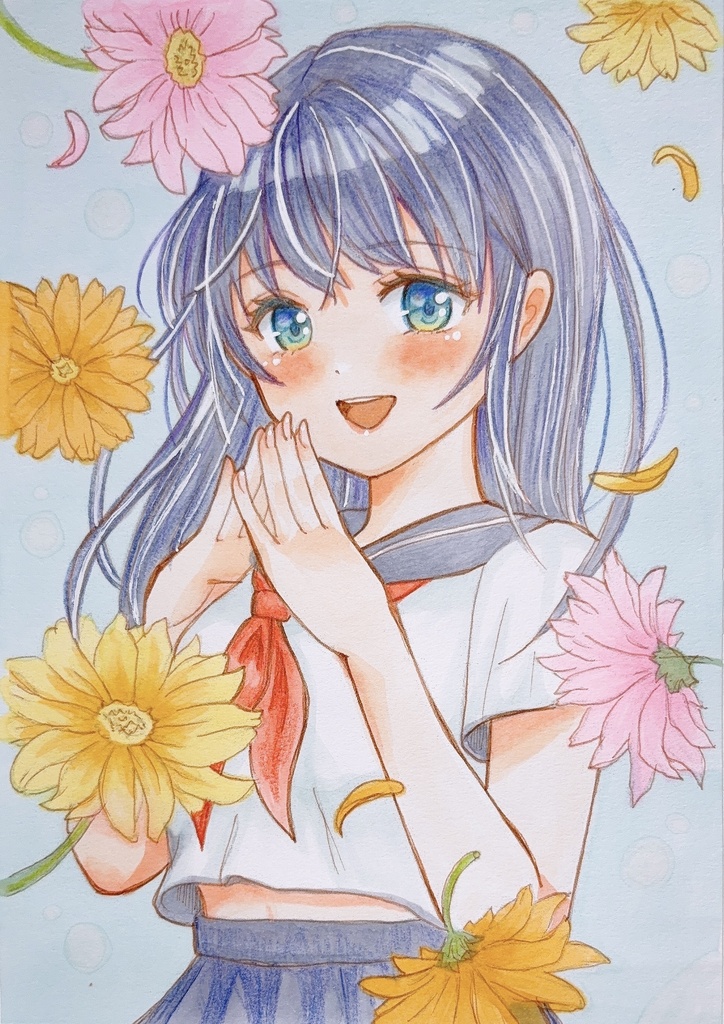手描きイラスト「わぁっ🌼」花とセーラー服の女の子　B6